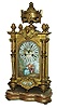 French for ÒMiller and SonsÓ cast brass and hand-painted enamel panels, 8 days, time and strike, mantel clocks, caf on movement caf with gold-leafed wood base, c1890