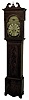 Scottish tall clock, 8 days, time and strike, weight driven, brass movement in a mahogany and mahogany veneer case with string and diamond inlay, crotch mahogany door and base and a painted iron dial and date calendar, c1840