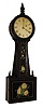 Attleboro style banjo clock, mahogany case with wooden side arms, turned mahogany bezel and finial, beveled throat and box frames, reverse painted glasses, Roman numeral white painted sheet iron dial, moon hands, brass, 8 days, timepiece movement, cast iron weight, c1850
