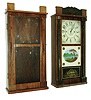 Clocks- 5 (Five): (1) Riley Whiting, Winchester, Conn., 30 hours, time/strike, weight driven, wood movement short drop half column and splat shelf clock, ca 1830; (2) Riley Whiting, Winchester, Conn., 30 hours, time/strike, weight driven, wood movement short drop half column and splat shelf clock, ca 1830. (3) Unknown empty case, c1840; (4) Chauncey Jerome, New Haven, Conn., 30 Hour time/strike, weight driven, brass movement flat front shelf clock, c1850; (5) Chauncy Boardman, Bristol, Conn., 30 Hour time/strike, weight driven, wood movement (groaner) long drop half column and splat shelf clock, ca 1830;