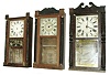 Clocks- 5 (Five): (1) Erastus Hodges, Torrington, Conn., 30 hours, time and strike, weight wood movement half column & splat shelf clock, c135. (2) Solomon Stow, Southington, Conn., 30 hours, time and strike, weight wood movement half column & splat shelf clock, c135. (3) Williams, Orton, PrestonÕs & Co., Farmington, Conn., 30 hours, time and strike, weight wood movement half column & splat shelf clock, c1840. (4) M. & E. Blakeslee, Plymouth, Conn., 30 hours, time and strike, weight wood movement carved half columns and scroll top shelf clock, c132. (5) Forbes & Tucker, Concord, NH, 30 hours, time, strike and alarm, weight wood movement column and splat shelf clock, dated 1841.