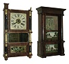 Clocks- 2 (Two): (1) Brewster & Ingrahams, Bristol, Conn., 8 days, time and strike, brass movement (KirkÕs Patent} in diminutive mahogany veneer cornice & full column shelf case, ca 1845, (2) Birge, Mallory & Co., Bristol, Conn., 30 hours, time and strike, strap brass movement in a miniature triple decker mahogany veneer case with gilt caps and columns, ca 1842.