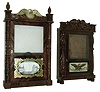 Clocks- 5 (Five): (1) Daniel Pratt, Reading, Mass., 30 hours, time and strike, weight wood movement shelf clock, c1839 (2) Riley Whiting, Winchester, Conn., 30 hours, time and strike, weight wood movement empty shelf clock case, c1830. (3) E. Terry & Sons, Plymouth, Conn., 30 hours, time and strike, weight wood movement empty shelf clock case, c1830. (4) Bishop & Bradley, Watertown, Conn., Carved column & splat empty shelf clock case, c1830.(5) Unknown, Carved column and splat empty shelf clock, c1830.