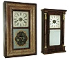 Clocks- 4 (Four): (1) Atkins, Porter & Co., Bristol, Conn., 30 hours, time and strike, weight driven, brass movement in a reverse OG case with cornice molding in rosewood veneer, c144, (2) William S. Johnson, 16 Courtlandt St., New York, 8 days, time and strike, weight driven, brass movement by Forestville Mfg. Co., (Bristol) in an OG case with mahogany and birds eye maple veneer, c146. (3) Seth Thomas Clock Co., Plymouth Hollow, Conn., mahogany ÒShell columnÓ model, 30 hours, time and strike, weight driven, brass movement with faux tortise shell half columns with gilt caps, c1855. (4) Unknown (possibly Jerome) round sided case with an Atkins and Porter, 30 hours, time and strike, weight driven, brass movement,