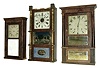 Clocks- 5 (Five): (1) L. & F. Andrews, Bristol, Conn., 30 hours, time and strike, weight wood movement Empire shelf clock, c145. (2) Birge & Fuller, Bristol, Conn., 8 days, time and strike, weight brass movement triple decker shelf clock, c1840. (3) Riley Whiting, Winchester, Conn., 8 days, time and strike, weight wood movement triple decker shelf clock, c135. (4) Williams, Orton, PrestonÕs & Co., Farmington, Conn., 30 hours, time and strike, weight wood movement column and cornice shelf clock, c1840. (5) Unknown, carved column and splat empty clock case.