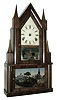 Elisha Manross, Bristol, Conn., 8 days, time and strike, strap brass movement with fusee power in a rosewood veneered steeple on steeple case, c1848.