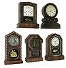 Clocks- 5 (Five) (1) E. Ingraham & Co., Bristol, Conn., ÒGrecianÓ, 30 hours, time & strike, spring driven, brass movement in rosewood veneered case. c1875; (2) E. Ingraham & Co., Bristol, Conn., ÒMosaic Front DoricÓ, 30 hours, time & strike, spring driven, brass movement in a rosewood and maple case with striped banding, c1875. (3) Welch, Spring & Co., Forestville, Conn., ÒPeerlessÓ, 30 hours, time & strike, spring driven, brass movement in a rosewood veneered case. Ca 1875. (4) New Haven Clock Co., New Haven, Conn., ÒOctagon PrizeÓ, 8 days, time and strike, spring driven, brass movement in a rosewood veneered case, c1878. (5) Seth Thomas Clock Co., Thomaston, Conn., ÒOctagon TopÓ, 8 days, spring driven, time and strike, brass movement in a rosewood veneered case. Ca 1875.