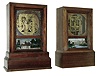 Clocks- 2 (Two): (1) Upson Brothers, Marion, Conn., 8 days, spring driven, time and strike, unmarked brass movement in a rosewood veneered cottage style case. Ca 1855. (2) Upson Brothers, Marion, Conn., 30 hours, spring driven, time and strike, brass movement in a rosewood veneered cottage style case. Ca 1855.