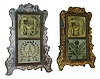 Clocks- 2 (Two): (1) E. & A. Ingraham, Bristol, Conn., 8 days, spring driven, time and strike, brass movement in a stenciled scroll front shelf clock with ripple molding door. c1854, (2). E. & A. Ingraham, Bristol, Conn., 8 days, spring driven, time & strike brass movement in a stenciled scroll front shelf clock with ripple molding door. c1854.