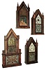 Clocks- 4 (Four): (1) Chauncey Boardman, Bristol, Conn., 30 hours, time and strike, spring brass fusee movement Sharp Gothic or Steeple clock, c1850. (2) Unknown, Rosewood veneered Sharp Gothic or Steeple clock case. (3) Brewster & Ingrahams, Bristol, Conn., 30 hours, time, strike and alarm, spring fusee movement Sharp Gothic or Steeple clock. (4) Unknown, 8 days, time and strike, brass movement steeple on steeple case.