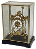 Asian brass reproduction of Harrison H1 marine clock, grasshopper escapement, 8 days, time only, with fusee, porcelain chapter ring, stained wood base, glass and brass cover; late 20th century