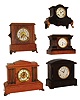Clocks- 6 (Six): (1) French shelf clock with 8 days, timepiece movement in a walnut case, c1880. (2) Sessions Clock Co., Forestville, Conn.Cabinet style shelf clock with spring driven, 8 days, time and half hour strike movement in an oak case, c1910. (3) Ansonia Clock Co., New York, NY, ÓFowlerÒ shelf clock with spring driven, 8 days, time and strike, movement in an oak case, c1914. (4) The E. Ingraham Co., Bristol, Conn., ÓCrystalÒ shelf clock with an, 8 days, time and half hour strike movement in an black enameled wood case, c1893. (5) Seth Thomas Clock Co., Thomaston, Conn., ÓBelmont No. 2Ò shelf clock with spring driven, 8 days, time and strike, movement in a dark adamantine finish, c1913. (6) Ansonia Clock Co. New York, NY, ÓMontagueÒ shelf clock with a spring driven, 8 days, time and half hour strike movement in an enameled iron case, c1914.