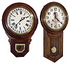 Clocks- 2 (Two): (1) Waterbury Clock Co., Waterbury, Conn., ÓAdmiralÒ wall hanging wood case clock with a, spring driven, double wind 30 day timepiece movement, c1925. (2) The Ingraham Co., Bristol, Conn., ÓDew DropÒ wall hanging clock with a, spring driven, time and calendar movement, c1909.