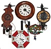 Clocks- 11 (Eleven) Hanging. mostly weight-driven: Includes Columbus, 1892, 2 blue/white China, Seth Thomas Miniature Banjo, Owl Moving Eyes, Postal Clock, Bouncing Doll, etc., most 20th century.