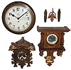Clocks- 5 (Five) antique clocks: French Morbier, 8 days, time and strike, ebonized wall clock with mother-of-pearl inlay and alabaster dial, c1890; Junghans walnut, 8 days, time and strike, spring-wound wall clock, c1900; German open-well walnut, 8 days, time and strike, wall clock, c1880; Enfield English walnut, 8 days, time only, gallery clock, Stafordshire retailer, c1910; German, 30 hours, carved walnut two-weight hanging cuckoo clock, c1920