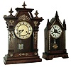 Clocks- 2 (Two): (1) Junghans Clock Co., Steeple clock with a, 30 hours, time & alarm movement in a wood case with burl decorations, c1900. (2) German shelf clock with spring driven, 8 days, time & strike movement in wood case with brass embellishments, c1920.