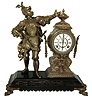 Ansonia Clock Co., New York, NY, ÓInsultÒ figural shelf clock, 8 days, time and strike, spring driven movement in an Japanese Bronzed spelter case resting on a black enameled cast iron base featuring a Renaissance gentleman offering insult to his absent opponent with a white enamel dial with open escapement, c1890
