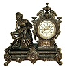 Ansonia Clock Co., New York, NY, ÓBardÒ figural shelf clock, 8 days, time and strike, spring driven movement in a Japanese Bronze finished spelter case on enameled cast iron base with cast female figures for front feet with a cream enamel dial and open escapement, c1890