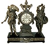 Ansonia Clock Co., New York, NY, ÒCombatantsÓ double statue figural shelf clock, 8 days, time and strike, spring driven movement with decorated back plate. Silver finished spelter case on enameled cast iron base with silver finished friezes around perimeter with cream enamel dial and open escapement, c1894