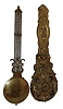 French Mobier, 8 days, weight-driven time and Òprayer repeatÓ strike wall clock with calendar. Porcelain dial signed Charles Andre. Anchor escapement, embossed brass pendulum, plus two extra morbier pendulums, c1880