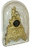 French, dore bronze figural clock, ARMY, an officer in full dress with bugle in left hand and a percussion rifle over his left shoulder, standing near a parapet, the clock itself tastefully off-center, the whole above a base of urns, swags and scrolls, and with a good old rectangular glass dome, c1840