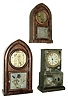 Clocks- 3 (Three): (1) E. C,. Brewster, Bristol, Conn. 8 days, time and strike, brass rack strike movement with detached fusees round gothic or beehive shelf clock, c1835. (2) Forestville Manufacturing Co. (J.C. Brown), Forestville, Conn., 30 hours, time and strike, miniature round gothic or beehive clock, c1845. (3) Unknown, Connecticut, 8 days, time and strike, brass movement painted case with MOP shelf clock, c1850