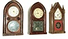 Clocks- 3 (Three): (1) Smith & Taylor, New York, 30 hours, time and strike, spring fusee brass movement sharp gothic or steeple clock. (2) Brewster & Ingrahams, Bristol, Conn., 8 days, time and strike, spring brass movement round gothic or beehive clock. (3) Daniel Pratt & Sons, Reading, MA, 8 days, time and strike, spring brass movement round gothic or beehive clock.