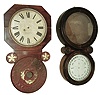 Clocks- 2 (Two): (1) Baird Clock Co., Plattsburgh, NY, Advertising Clock, 8 days, time only, movement in a wall hanging case, c1890. (2) E. Ingraham & Co., Bristol, Conn.ÓIonic CalendarÒ rosewood case (only), c1886