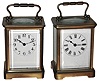Clocks- 4 (Four) brass and glass carriage clocks, c1900: (1) Two French, 8 days, time only; (2) Two Waterbury 30 hours, smaller one is the ÒMidgeÓ, larger is ÒConductorÓ with alarm