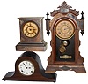 Clocks- 5 (Five) Connecticut, time and strike, mantel and shelf clocks: E.N. Welch Mfg. Co. and Chauncey Jerome, 30 hours, weight-driven OGÕs; tambour; Ansonia ÒSydneyÓ model walnut parlor with fancy pendulum, c186; and Ansonia ÒUniqueÓ iron with black paint removed; late 19th and early 20th centuries