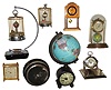 Clocks- 8 (Eight) plus framed Ball Railroad Time Service announcement: Lux tape measure; globe; 2 small Japan birdcages; enameled novelty; Webb C. Ball Swiss alarm; desk clock with pen holder; ÒGlobusÓ West Germany miniature rotating globe