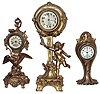 Clocks- 3 (Three) Novelty gilt cast metal, 30 hours, time only, with seconds hands; one with Jennings Bros. (Bridgeport, Conn.) logo, other two unsigned, all c1900-1910