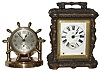 Clocks- 2 (Two): Chelsea Clock Co., Boston, for Abercrombie & Fitch, ÓClintonÒ, 8 days, brass, time only, swivel desk clock, 196450 c1930; Ansonia Clock Co., New York, NY, ÓCometÒ, 30 hours, time and alarm cast metal carriage clock, c1904
