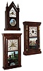 Clocks- 3 (Three): (1) New Haven Clock Co., New Haven, Conn., 30 hours, time, strike and alarm, spring brass movement Sharp Gothic or steeple clock. (2) Seth Thomas Clock Co., Thomaston, Conn., 8 days, time and strike, weight brass movement half column and cornice shelf clock. (3) Atkins & Porter, Bristol, Conn., 30 hours, time and strike, weight brass movement cornice top shelf clock, c145.