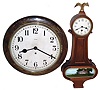 Clocks- 2 (Two), 8 days, time only, wall clocks: New Haven ÓWaylandÒ mahogany banjo balance wheel wall clock, c1923; Smiths Enfield English oak dial pendulum clock, c1910
