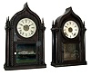 Clocks- 2 (Two): (1) Forestville Manufacturing Co., (J.C. Brown), Forestville, Conn., 8 days, time and strike, spring brass movement ripple molding 4 column OG top Sharp Gothic or Òonion topÓ shelf clock, c148. (2) No label, but likely Forestville Mfg. Co., 8 days, time, strike and alarm, spring brass movement ripple molding 4 column OG top Sharp Gothic or Òonion topÓ shelf clock, c148.