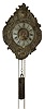 German wall clock with cow tail pendulum, gilt sheet brass repousse case in the baroque style, engraved Roman numeral brass dial, brass hands, brass, 30 hours, time and strike, weight driven movement with verge escapement, with cast iron weight, 18th century