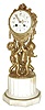 Samuel Marti, Paris, France, mantel clock, three gilt putti supporting the drum form case, the top draped with a garland of roses, gilt bezel with convex glass, Arabic numeral white enamel dial with polychrome enamel floral festoons, fancy gilt hands, all resting on a white marble fluted plinth with octagonal base, 8 days, time and strike, pendule a Paris movement, c1900