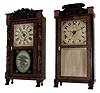 Clocks- 2 (Two): (1) Jeromes & Darrow, Bristol, Conn., 30 hours, weight driven, time and alarm shelf clock in a fully carved half column and splat mahogany case, c1830. (2) Silas Hoadley, Plymouth, Conn., 30 hours, weight driven, time and alarm shelf clock in a stenciled quarter column and splat case, c1835.