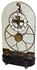 Clocks- 2 (Two) Asian reproduction brass, glass and wood, 8 days, shelf clocks: skeleton, time only, with fusee, large great wheel and oval glass dome; oversize great wheel with round-top glass panel and alarm; late 20th century