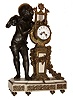 France, figural mantel clock, brass lyre case with bronze figure of putto inspecting clock on white marble base decorated with gilt trim, the lyre case with acanthus, floral garlands, and a large festoon of fruits and flowers, white enamel Arabic numeral dial with polychrome enamel decoration, gilt Louis XV style hands, 8 days, time and count wheel strike pendule a Paris movement, signed ÓAD. MouginÒ, c1870
