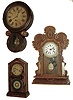 Clocks- 3 (Three): (1) Ingraham Clock Co., Bristol, Conn.unidentified model shelf clock with spring driven, 8 days, time & strike movement in an oak case, c1915. (2) E. Ingraham & Co., Bristol, Conn.ÒIonicÓ wall hanging clock with an, 8 days, time only, movement in a rosewood veneered case, c1890. (3) E. Ingraham Clock Co., Bristol, Conn.ÒDoric No. 2Ó shelf clock with a spring driven, 30 hours, time and strike, movement in a rosewood veneered case, c1880.