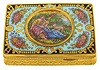 Mechanische Musikwerke Manufaktur, (MMM), Germany, singing bird box, engraved, gilt bombe case with polychrome enamel ornament, the top with black border, a turquoise enamel field with groups of flowers, and the lid with reclining figures in a pastoral landscape, concealing a bird with brightly colored feathers, appearing and performing on demand, late 20th century