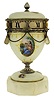 France or Switzerland, miniature urn form annular clock, the silver gilt case with translucent, white guilloche enamel with gilt ornament and 7 polychrome enamel portraits, finial and stem with white enamel accents, silver chain swags with translucent stone teardrop shaped pendant drops below the Roman numeral silvered dial, all on an octagonal, polished stone base, c1900