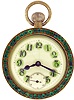 France, paperweight clock, ball form with green brilliant set bezel, Arabic numeral white enamel dial with green cartouches, blued steel hands, 15 jewel stem wind, pin set bar movement, c1900