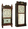 Clocks- 2 (Two): (1) E. & G. W. Bartholomew, Bristol, Conn., 30 hours, time and strike, weight wood movement half column & splat shelf clock, c132. (2) Burr & Chittenden, Lexington, Mass., 30 hours, time and strike, weight wood movement half column & splat shelf clock with ÓgroanerÒ movement, c135.