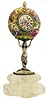 Austria, table or desk clock, round, cushion shaped case with pineapple finial and polychrome enamel decoration, the scenes depicting nymphs, putti and centurions in various landscapes, the Roman numeral enamel dial with similar treatment, the case held aloft by a cast silver mermaid standing on an oval polychrome enamel decorated plaque, all mounted to a carved, rock crystal base, 15 jewel key wound Swiss movement, 9 1/4Ò h, 19th century