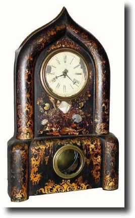 C.1851, E.O. Goodwin, Small iron front with original gold painted decorations intact. — Antique Clocks Price Guide