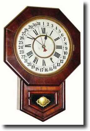 C.1900, New Haven Clock Co., 12-inch Drop Octagon, Calendar, — Antique Clocks Price Guide