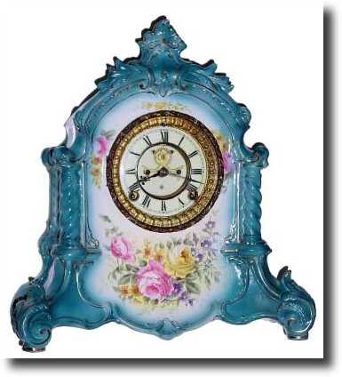 C.1901, Ansonia, Royal Bonn La Verdon, in medium blue. — Antique Clocks Price Guide